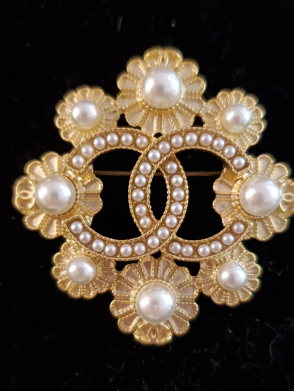 Chanel Gold Pearl Floral Logo Brooch -